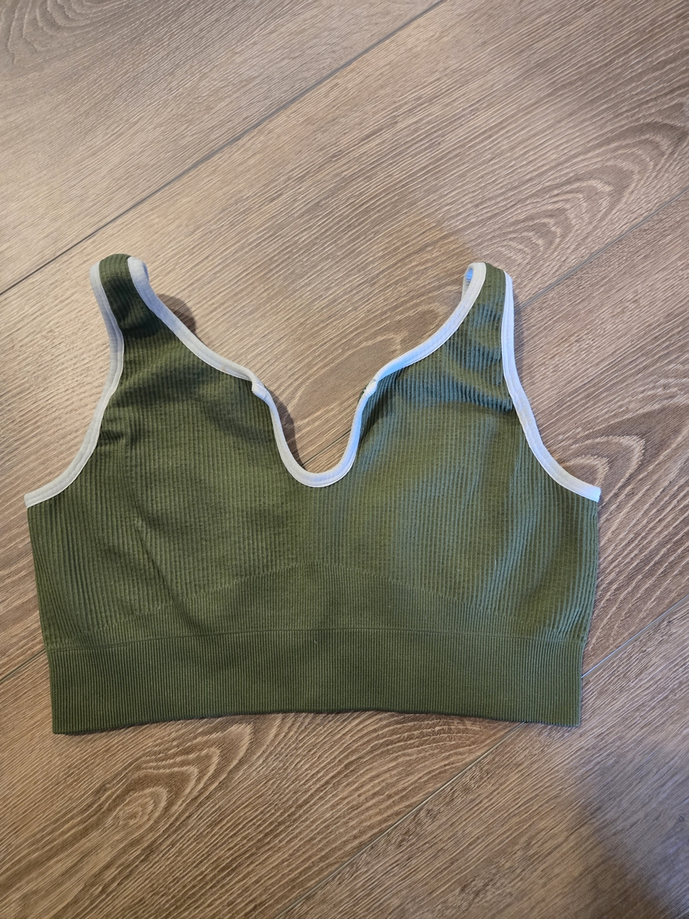 Olive Green Ribbed Comfort Bralette with Contrast Trim